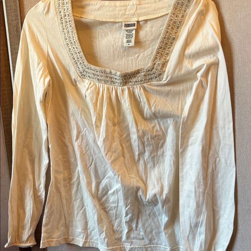 Route 66  Cream Long Sleeve Top with Embellished Neckline small
